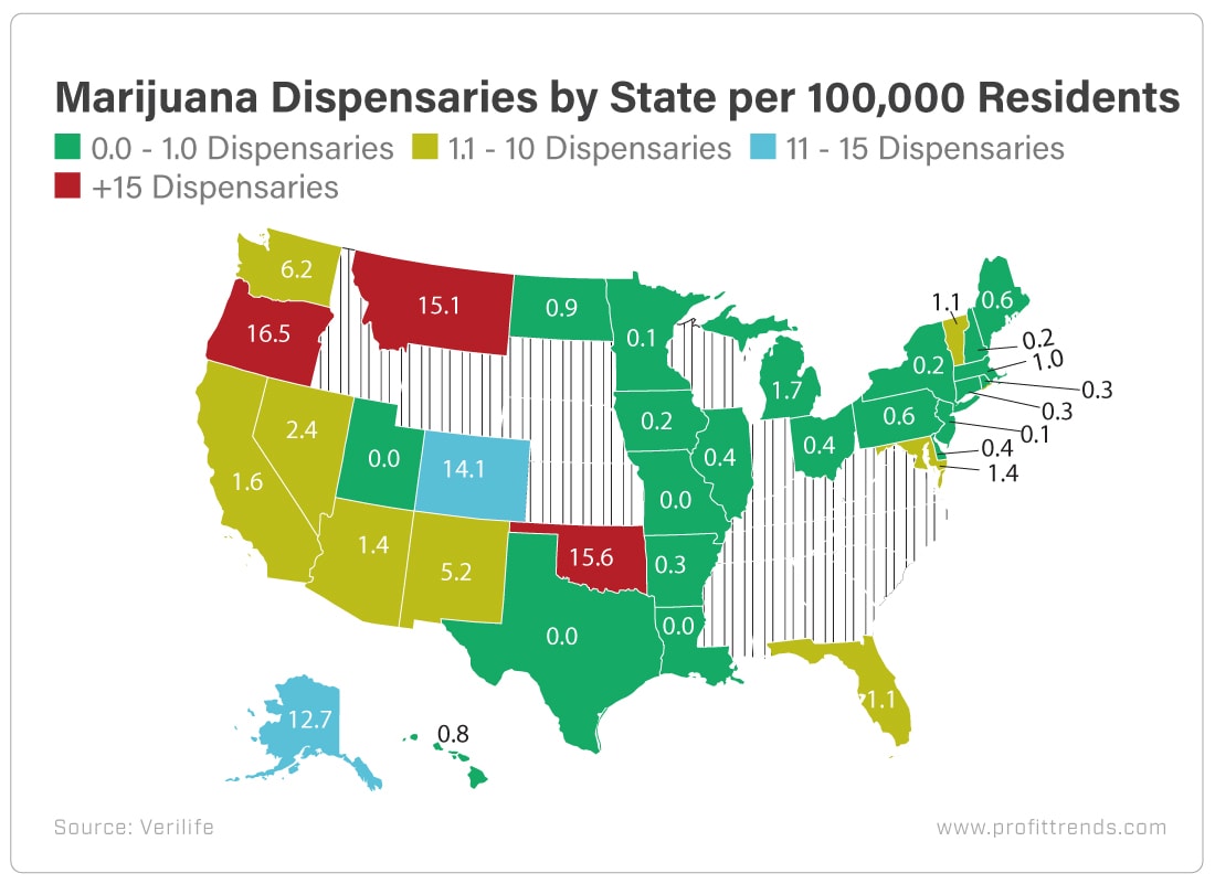 Marijuana Dispensaries by State Per 100,000 Residents